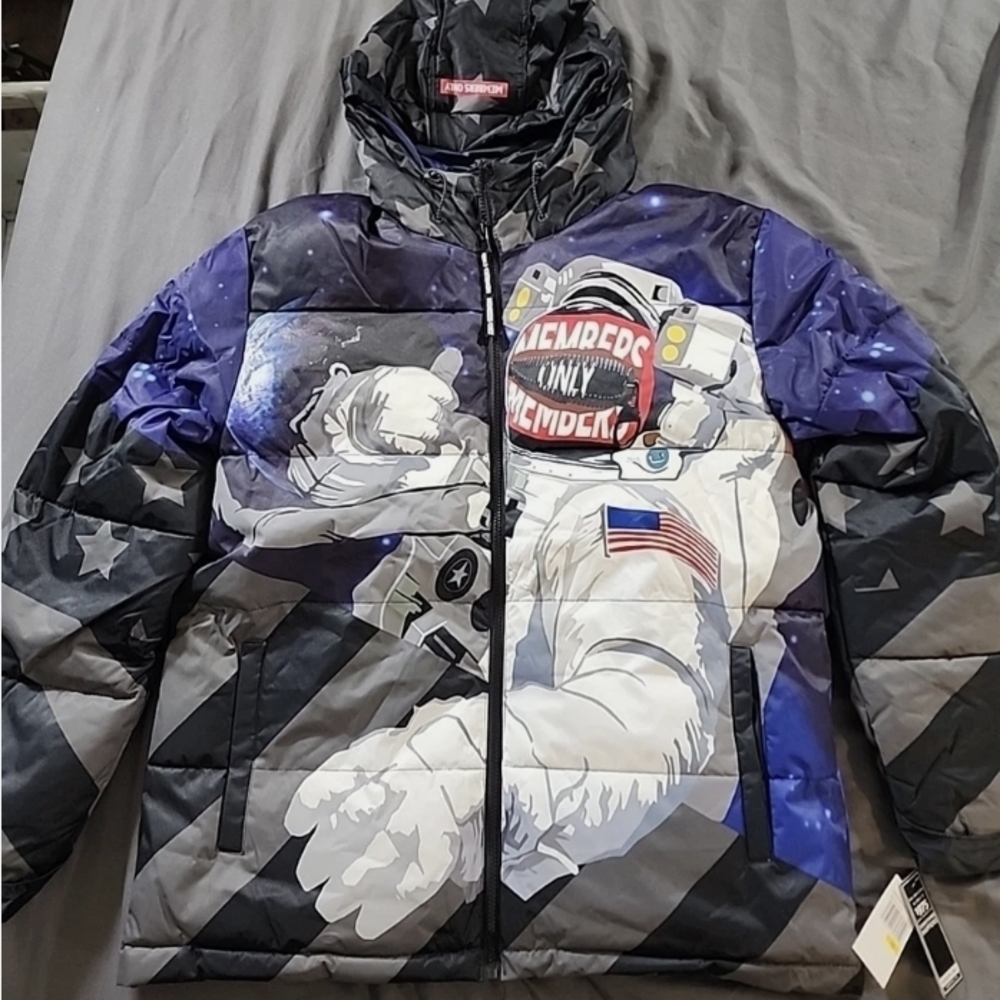 Members Only Space-Themed Puffer Jacket - Blue and Black Size XXL